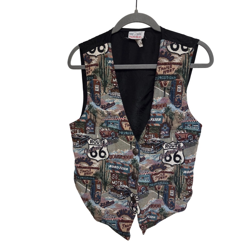 Vintage 90s‎ Denim Republic Route 66 Tapestry Vest Travel Souvenir Novelty